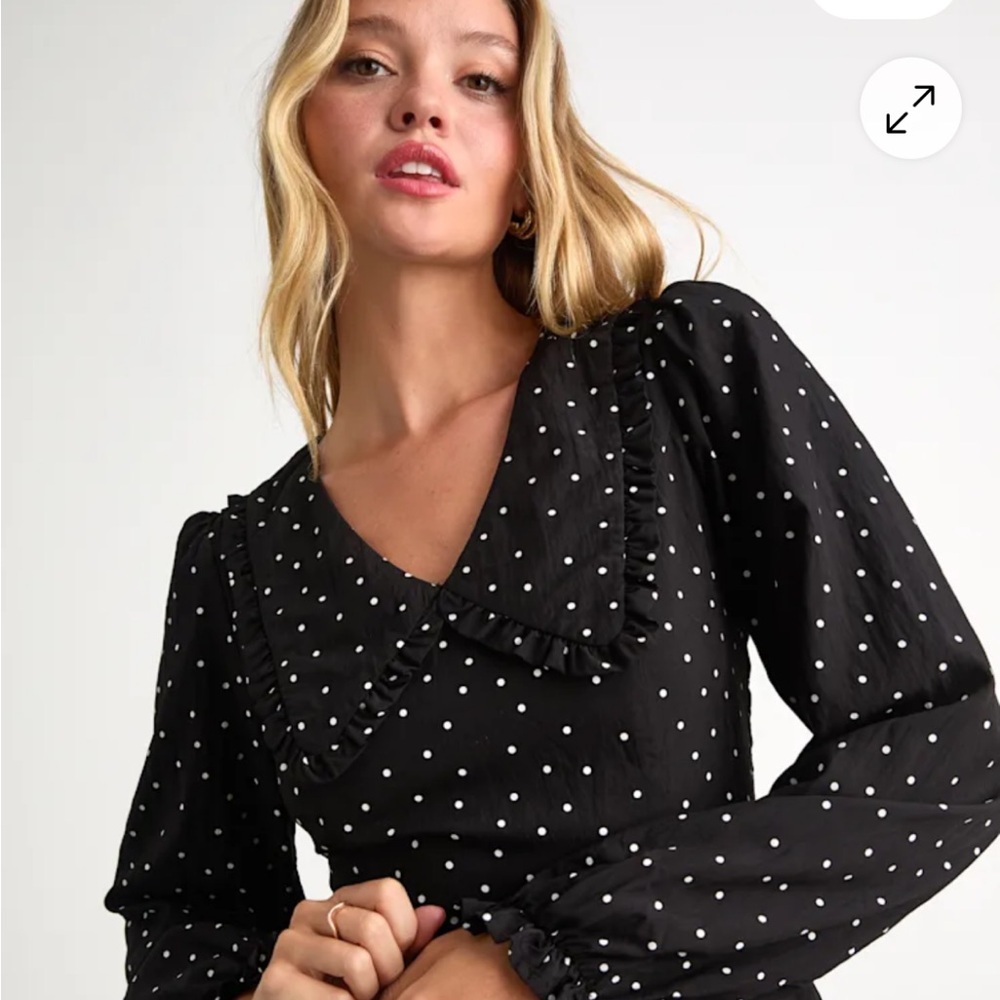 Lulus Black Polka Dot Ruffle V-Neck Long Sleeve dress
